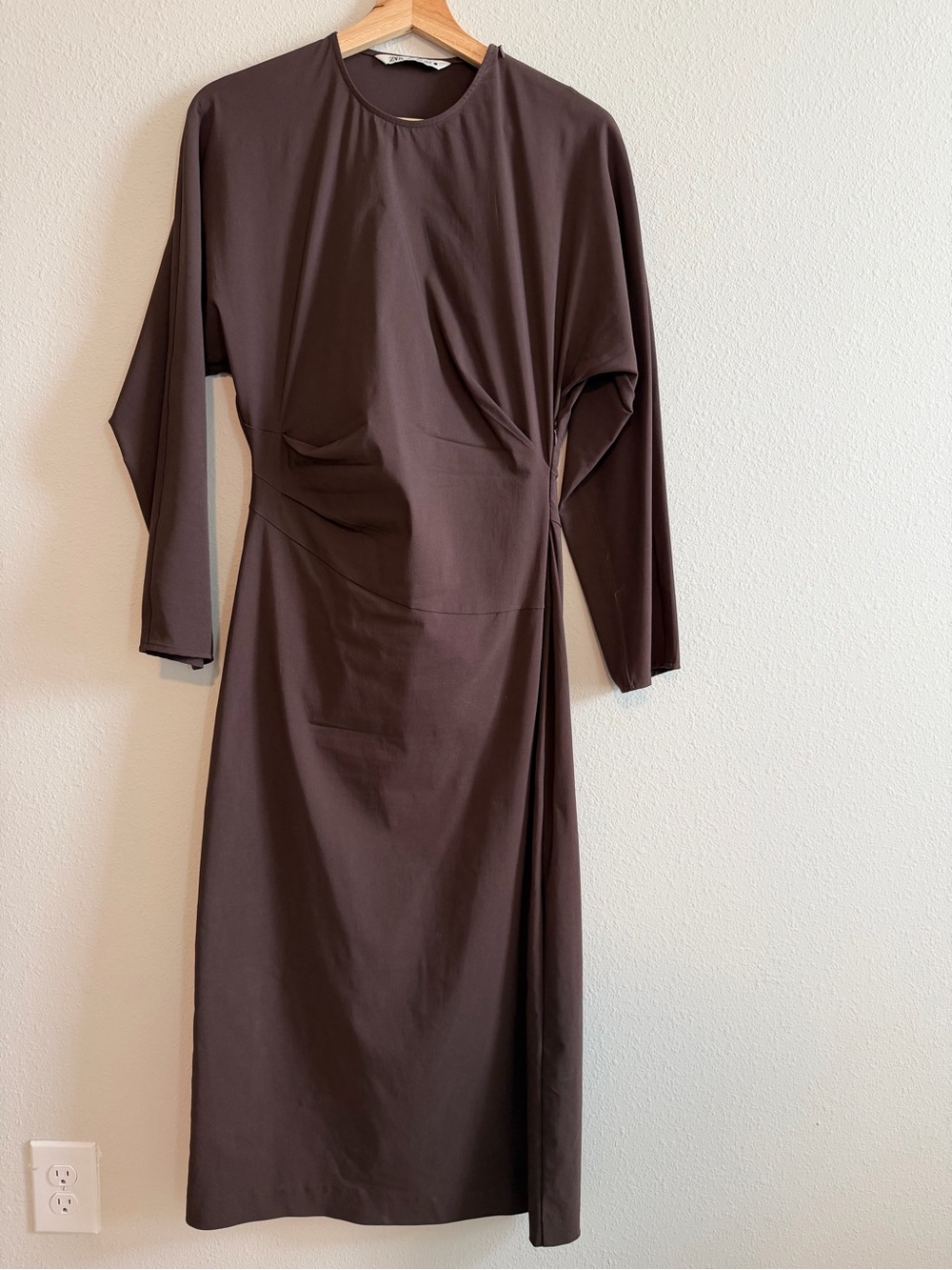 Zara Chocolate Brown Long-Sleeve Midi Dress